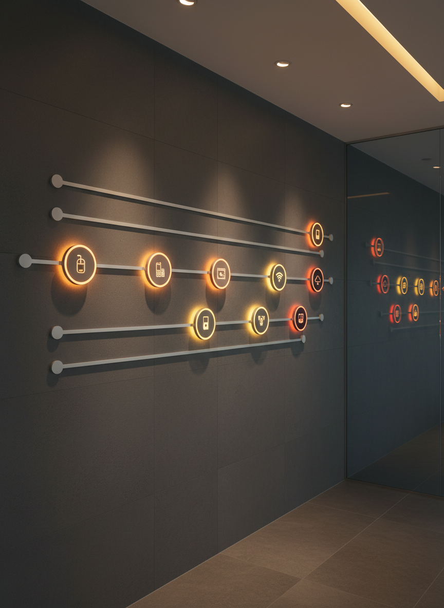 An elegant, wall-mounted digital timeline made of thin, brushed-aluminum rails with illuminated nodes that glow in different warm colors, each node containing tiny, detailed icons symbolizing different decades of technology. The timeline stretches across a matte, slate-gray wall in a modern corporate lounge, with a subtle reflection visible on a nearby glass partition. Warm, indirect ceiling lights create a cozy yet sophisticated ambience, with soft shadows beneath the nodes. Photographic realism, captured in a wide, slightly elevated shot using the rule of thirds. The scene feels aspirational, calm, and contemplative, communicating the connection between generations through evolving knowledge and innovation.