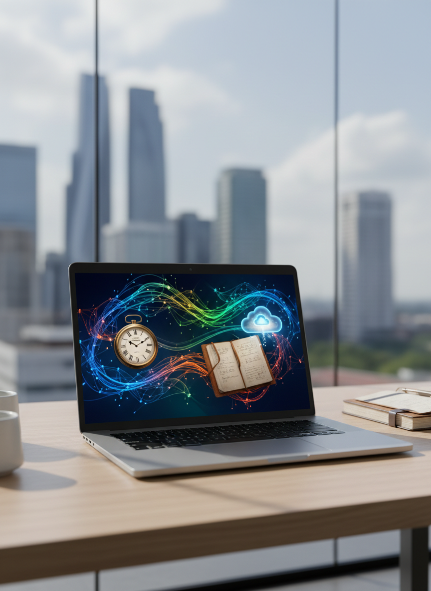 A sleek, silver laptop with a luminous, high-resolution screen displaying an abstract, flowing interface where colorful neural network lines seamlessly connect a classic analog clock, a worn leather-bound notebook, and a glowing digital cloud icon. The laptop rests on a light oak desk in a minimalist, glass-walled office overlooking a soft-focus city skyline. Cool, diffused daylight enters from a large window, creating gentle reflections on the metal surface and subtle shadows on the desk. Photographic realism with a clean, modern aesthetic, shot at eye level with a shallow depth of field. The mood is professional, optimistic, and innovative, suggesting technology elegantly bridging time and preserving knowledge across eras.