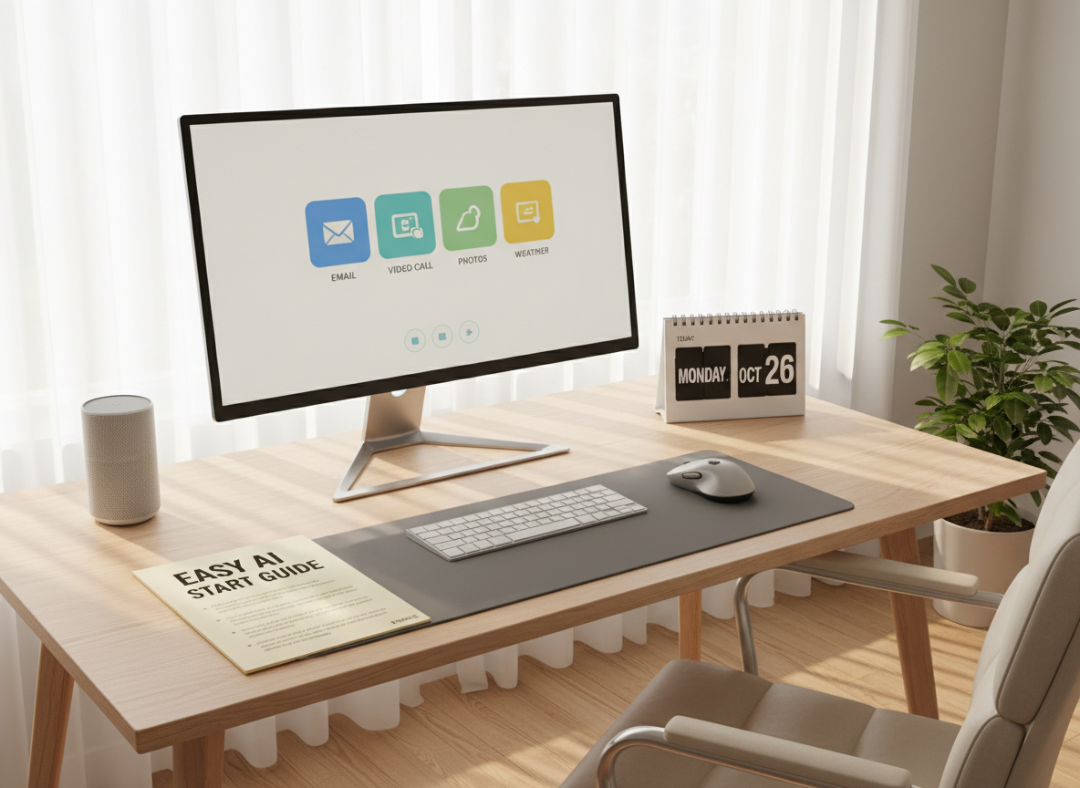 A bright, inviting home office corner featuring a large, ultra-thin monitor on a light birch desk, displaying an intuitive AI dashboard with oversized, high-contrast icons and clear, simple typography. The monitor is flanked by a compact smart speaker and a classic, analog flip calendar showing today’s date. Near the monitor, a printed step-by-step guide with large, legible text lies on a soft gray desk mat. Gentle morning sunlight filters through sheer curtains, creating diffused, warm lighting and soft-edged shadows. Photographic realism at eye level with balanced composition and moderate depth of field. The mood is welcoming, accessible, and empowering, representing user-friendly AI designed for digital inclusion of senior users without showing any people.