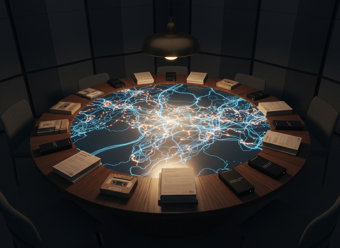 An abstract, top-down view of a large, circular table whose surface is a high-resolution interactive map made of luminous lines and nodes in soft blues and ambers, representing knowledge networks. Around the edge of the table, neatly arranged, are small physical artifacts: labeled microcassette tapes, neatly stacked printed reports, and sleek solid-state drives. The room has dark acoustic panels and a single, warm pendant lamp above the table, casting a focused pool of light that gently fades into shadowy corners. Photographic realism with strong contrast and clear texture on the table edge. The mood is thoughtful, slightly dramatic, and strategic, suggesting deep, intergenerational data mapping and corporate intelligence.