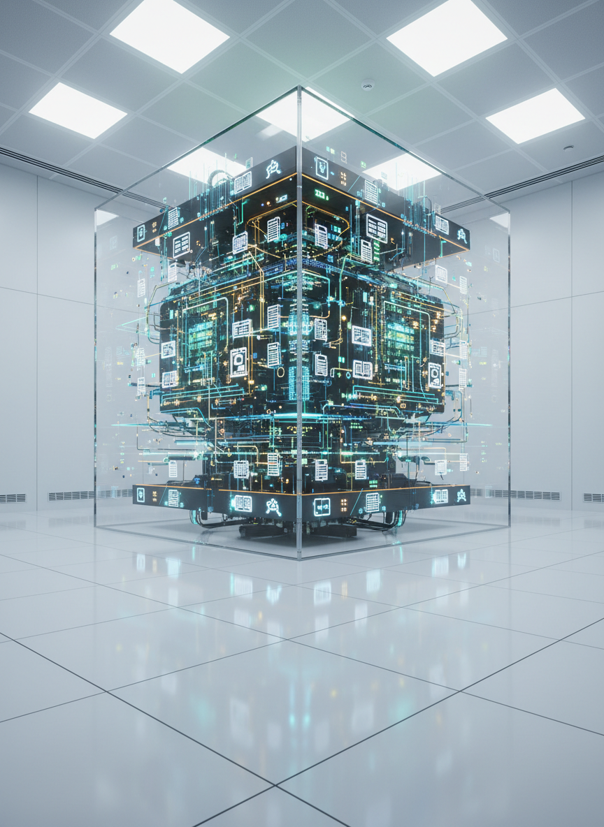 A large, transparent cube-shaped server with visible, neatly organized glowing circuits and data streams inside, each layer etched with tiny, legible icons of books, documents, and diagrams. The server stands alone in a pristine, white data center with reflective floor tiles and discreet cable channels. Soft, cool overhead LED lighting illuminates the scene, casting crisp yet gentle reflections and emphasizing the cube’s clarity and internal depth. Shot from a slightly low angle for a sense of importance, with sharp focus throughout. The atmosphere is professional, secure, and highly organized, conveying the idea of strategic knowledge preservation and trustworthy AI infrastructure.