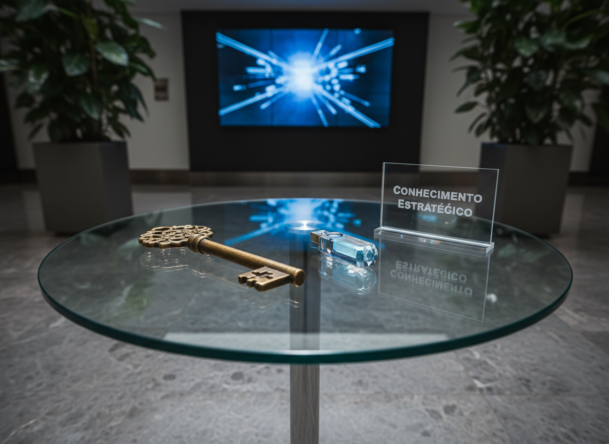 A polished, circular glass display plinth in a corporate lobby, showcasing three carefully lit objects arranged in a triangle: an old brass key with intricate engravings, a crystal USB drive glowing softly from within, and a translucent acrylic plaque etched with the words “Conhecimento Estratégico” in precise, modern typography. The lobby features stone-look flooring, indoor plants in the background, and a large digital information screen out of focus. Discreet spotlights from above create focused pools of light and dramatic, yet subtle shadows under each object. Photographic realism from a slightly low, close-up angle, emphasizing significance. The environment feels prestigious and intentional, symbolizing the safeguarding and evolution of strategic knowledge.