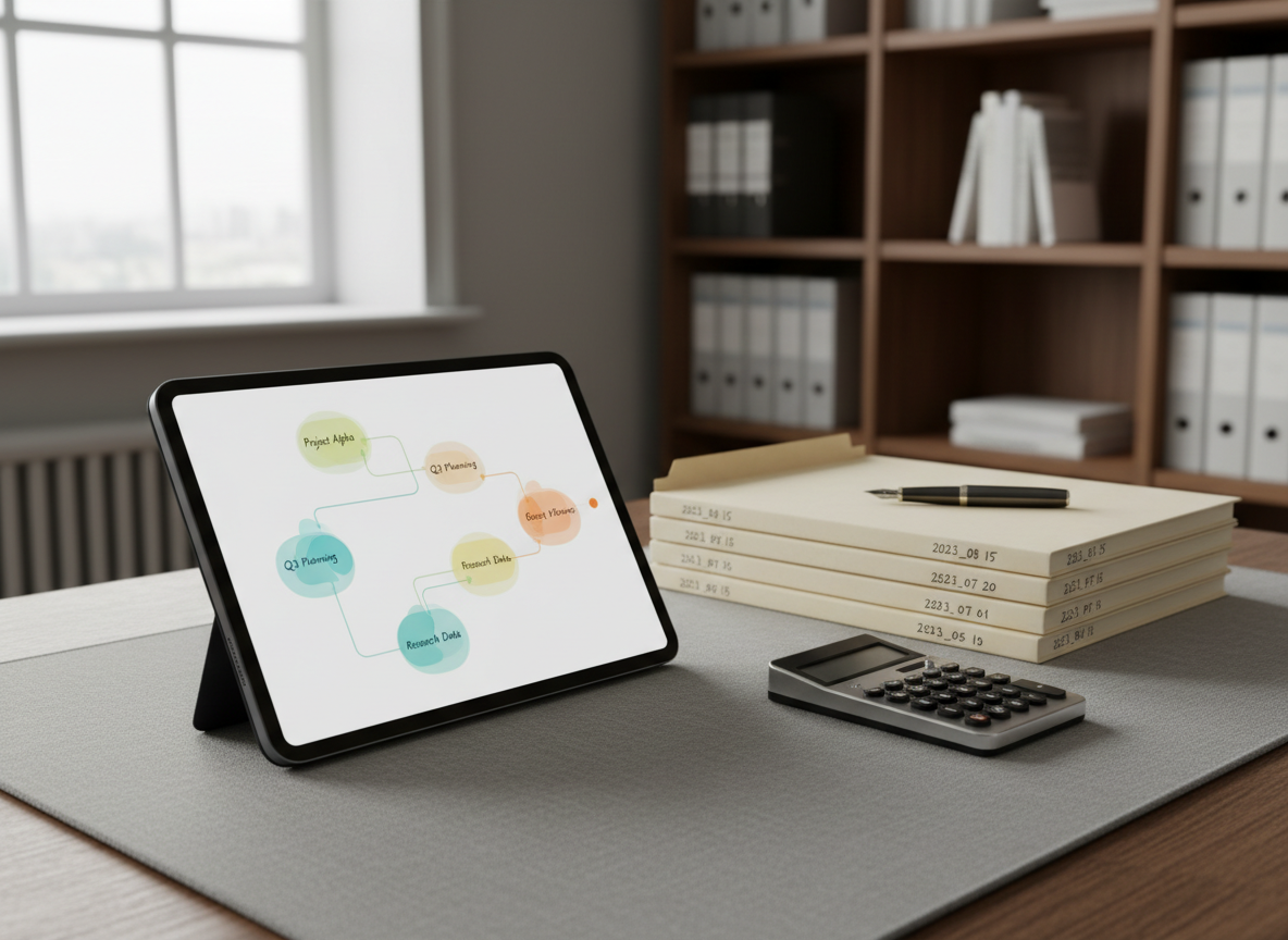 A sophisticated, matte-black tablet lying on a textured linen desk pad, its screen displaying a clean, colorful AI assistant interface that visually translates handwritten notes into organized digital mind maps. Beside it, neatly stacked archival folders with visible date labels, a metal fountain pen, and a small, vintage mechanical calculator. The workspace sits near a large window with soft, overcast daylight creating gentle, even illumination and delicate shadows. Photographic realism with a close-up, three-quarters angle and shallow depth of field, blurring the distant bookshelves filled with labeled binders. The scene feels calm, methodical, and supportive, reinforcing digital inclusion and the transformation of traditional knowledge into accessible, structured intelligence.